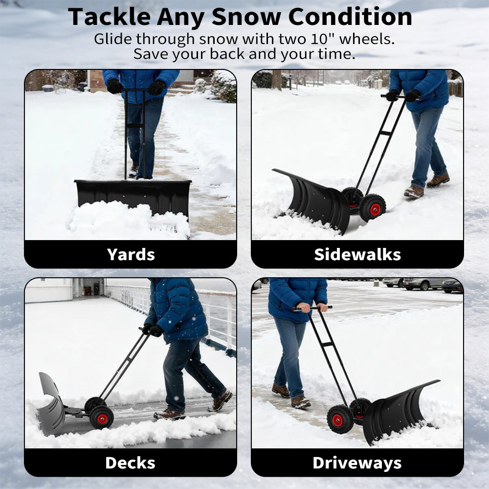 Garvee Schneeschieber mit Rädern 90×40 cm – Doppelstange, Stahlklinge, Verstellbarer Griff, Gummiräder