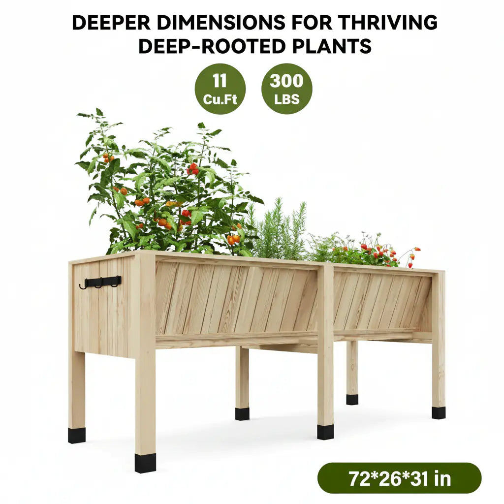 GARVEE Hochbeet aus Zedernholz 183 x 66 x 79 cm, Ergonomisches Pflanzbeet mit 35 cm Tiefe und Haken, Hochbeet für Gemüse, Kräuter, Blumen und Balkon, Naturholz