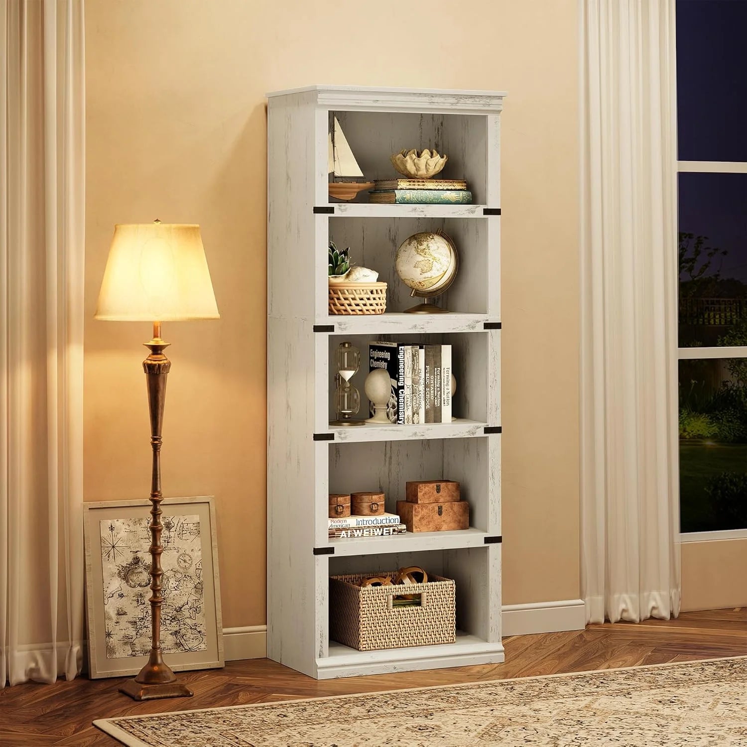 Garvee 5-stöckiges Bücherregal 62 x 32 x 171 cm, stabiles Standregal aus MDF im Kolonialstil, graues Holzregal mit Stauraum für Wohnzimmer, Büro & Arbeitszimmer, Weiß