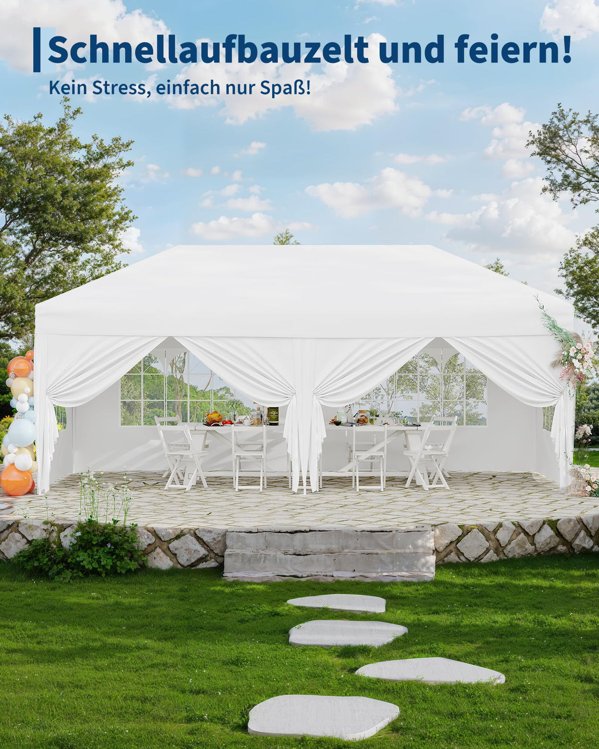Detailansicht des GARVEE Pavillons mit Rahmen und Dachplane