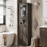 Garvee Schlanker Hoher Badezimmerschrank Mit Türen, Verstellbaren Regalen, MDF, Retro Glasdesign, Dunkle Eiche Für Kleine Räume & Wohnzimmer - grün