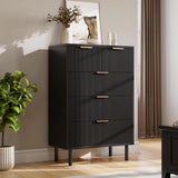 Garvee Kommode 5 Schubladen, Wave Fluted Design, Metallbeine, Modern, Für Schlafzimmer & Flur, Schwarz - Schwarz