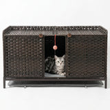 Garvee Katzentoilettenschrank aus Rattan, 120 × 50 × 61 cm, Katzenklo Schrank mit 2 Seiteneingängen, Doppeltüren und Ablage, Katzenmöbel für Wohnzimmer - Dunkelbraun