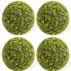 Garvee Buchsbaumkugel 4er-Set Groß Ø32 cm – Künstlich mit Rosa Blumen für Garten & Hochzeit
