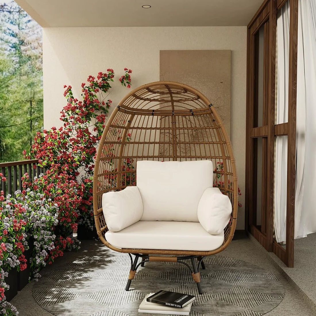 Garvee Rattan Ei Stuhl 360° Drehbar, Mit Kissen, Stahlrahmen, Für Innen & Außen, Braun+Beige