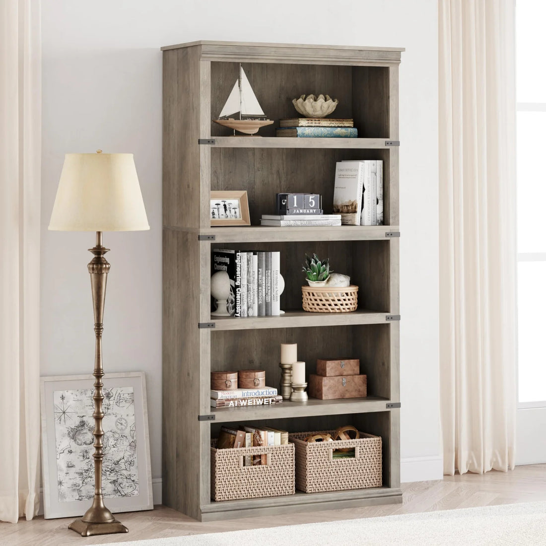 Garvee Bücherregal 171 cm, 5-stöckiges Standregal im Landhausstil, offenes Holzregal mit 5 Ablagen und Stauraum, für Homeoffice, Wohnzimmer & Schlafzimmer, Grau