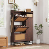 Garvee Schuhschrank Rattan Mit 3 Klappschubladen, Verstellbare Regale, MDF, Metallbeine, Für Flur Und Eingang, Groß, Naturfarben - rot