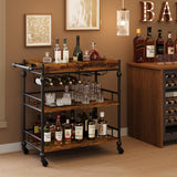 Garvee Barwagen Mit 3 Ebenen, Weinregal, Rollen, Metallrahmen, Abnehmbares Tablett, Retro Braun Für Küche & Wohnzimmer - schwarz