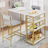 Garvee Esszimmer-Set Für 2 Mit Samt-Stühlen, 3 Ablagen, MDF & Stahl, Wasserfester Marmor-Tisch, Grau-Gold, Platzsparend Für Kleine Räume - Weiß