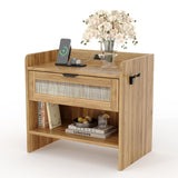 GARVEE Nachttisch im Rattan-Design mit USB-C-Ladestation, 1 Schublade und Offenem Ablagefach, 60 × 39 × 56 cm, Holz-Beistelltisch für Schlafzimmer, Wohnzimmer und Büro, Naturholz - Naturholz
