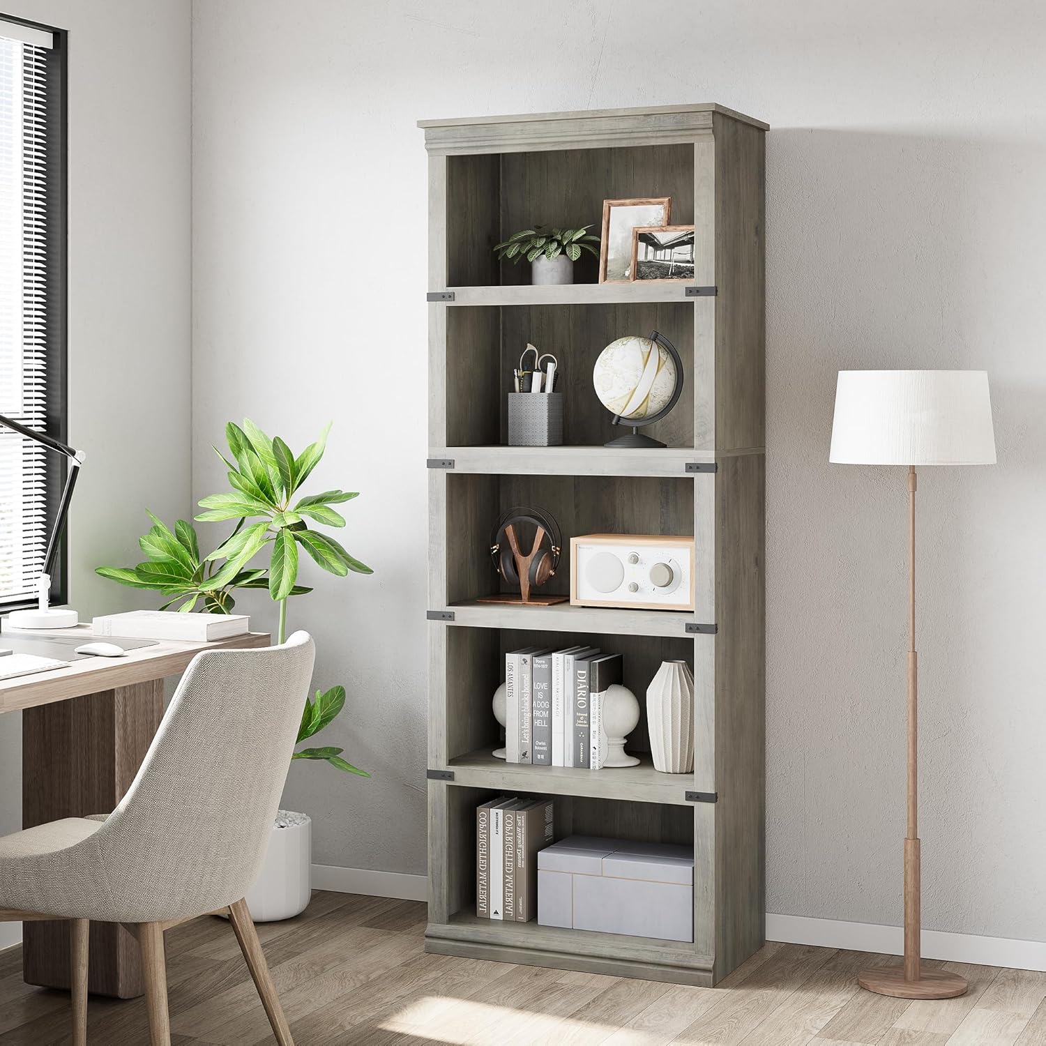 Garvee 5-stöckiges Bücherregal 62 x 32 x 171 cm, stabiles Standregal aus MDF im Kolonialstil, graues Holzregal mit Stauraum für Wohnzimmer, Büro & Arbeitszimmer, Grau