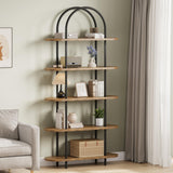 Garvee 71" Arched Bookshelf 5 Tier Bookcase Metallrahmen Holz Wohnzimmer Büro, 30 lbs Tragfähigkeit, Anti-Kipp, Verstellbare Füße - Schwarz