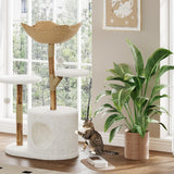 Garvee 43'' Natürlicher Holz Katzenbaum Mit Rattankorb Für Wohnzimmer, Stabil Für Große Katzen, Modernes Design, Weicher Plüsch - weiß
