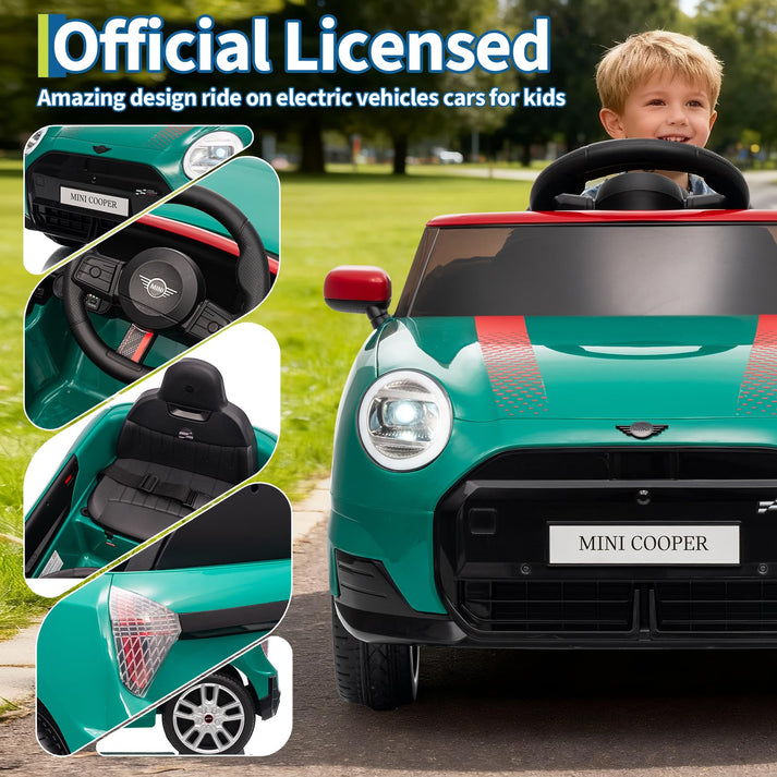 Detailansicht des lizenzierten MINI Autos: Lenkrad, Sicherheitsgurt, Frontscheinwerfer und Heckleuchten