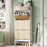 Garvee Schuhschrank Mit 3 Klappfächern Fluted Farmhouse Design Metallbeine Weiß Eiche Für Flur & Eingangsbereich - weiß