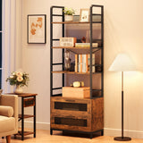 GARVEE Bücherregal mit Schubladen, 4 Ebenen, 180 × 60 × 30,5 cm, MDF & Metall, verstellbare Ablagen, Retrobraun – für Wohnzimmer & Schlafzimmer