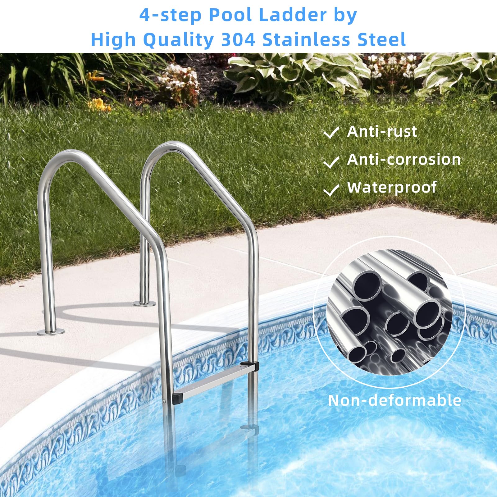 Garvee 4-Stufen-Poolleiter aus 304-Edelstahl, Schwimmbadleiter für eingelassene Pools, rutschfeste Stufen, stabiler Handlauf, robuste Edelstahlleiter für Schwimmbecken