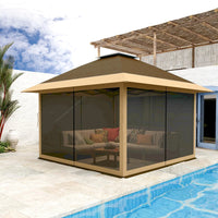 GARVEE Pop-Up Pavillon 3,65 x 3,65 m mit Moskitonetz, UV-Schutz, 3-fach Höhenverstellbar, Stahlrahmen, 6 Seitenwände & Sandtaschen, Für Garten & Camping, Khaki