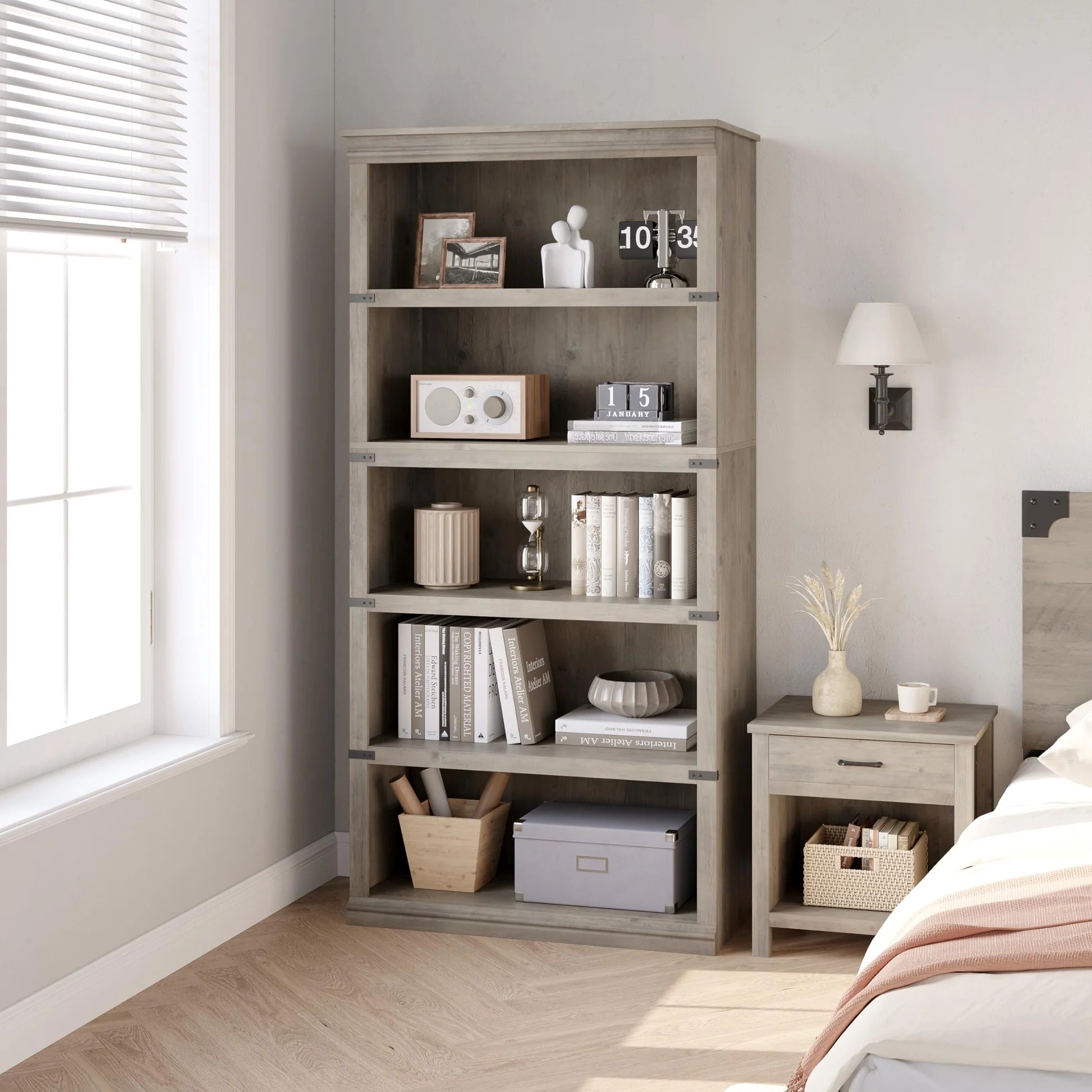 Garvee Bücherregal 171 cm, 5-stöckiges Standregal im Landhausstil, offenes Holzregal mit 5 Ablagen und Stauraum, für Homeoffice, Wohnzimmer & Schlafzimmer, Grau
