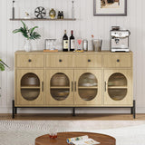 Garvee 62 Zoll Sideboard Buffet Schrank Mit 3 Schubladen & 4 Glastüren Für Esszimmer & Küche, Stabiles Holz, Naturtöne, Verstellbare Regale, Anti-Kipp-Sicherung - Eiche