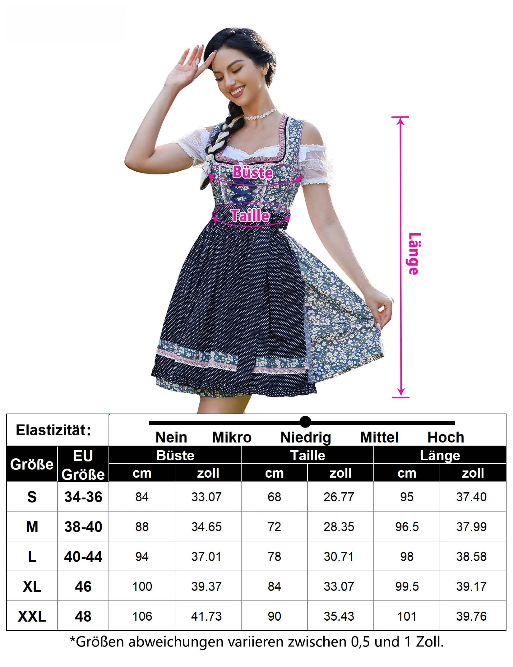 Garvee Trachtenkleid Damen Dirndl Kurz Mit Stickerei, Drei Teilig, Oktoberfest, Dunkelblau-Blumen, Größe 36