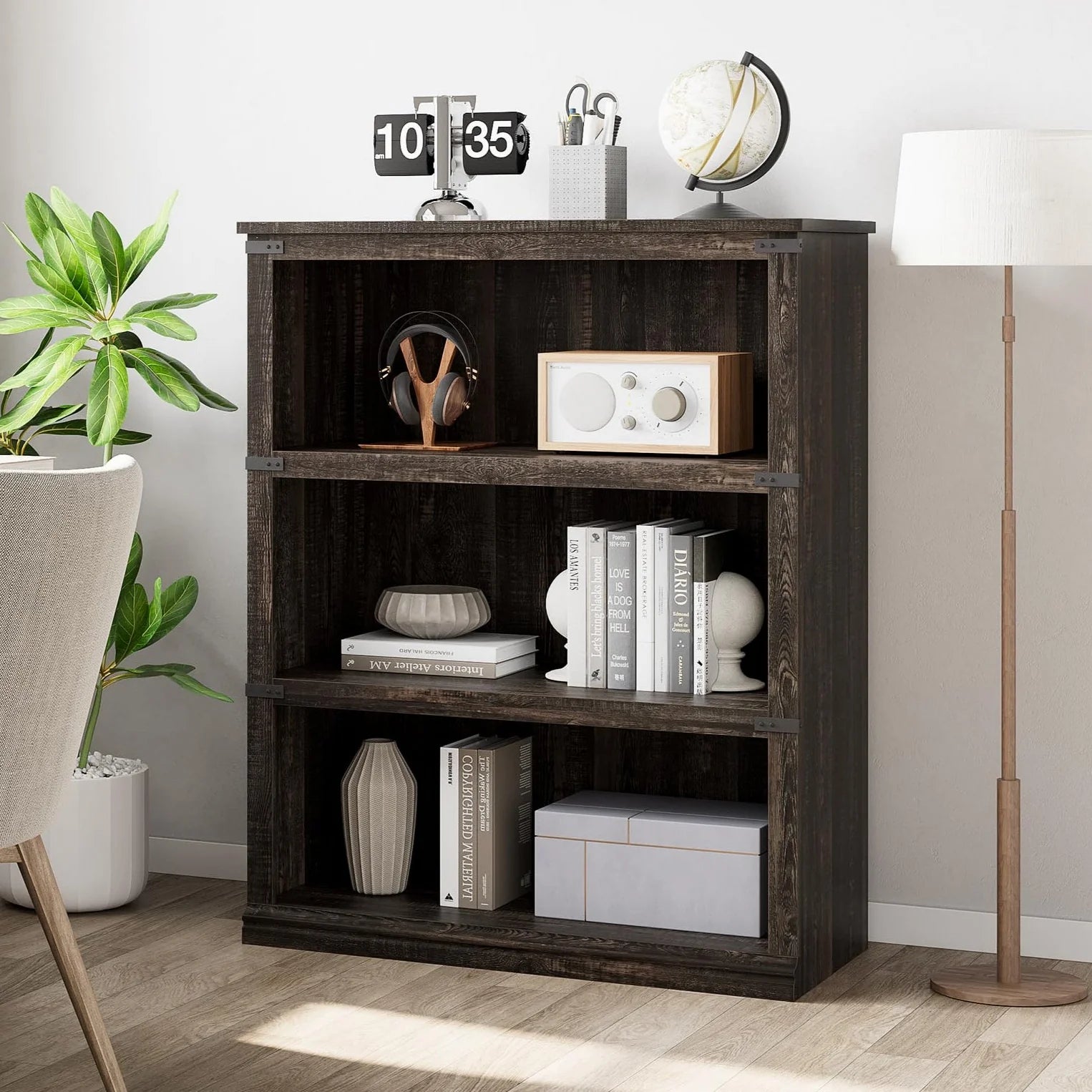 Garvee Bücherregal 4 Ebenen 80 x 32 x 102 cm, breites Standregal aus Holz mit 3 Regalbereichen, stabiles Aufbewahrungsregal im Industrie-Look, Eiche Dunkel
