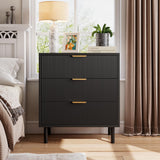 Garvee Schwarzer Fluted 3-Schubladen Kommode Mit Metallbeinen Für Schlafzimmer & Wohnzimmer, Modern, Stabil, Melamin, Schwarz - schwarz