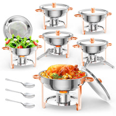 Garvee Chafing Dish Buffet Set, 6er Set Edelstahl Warmhaltebehälter, Runde Servier-Wärmer mit Deckel, Löffel und Pinzette, Komplettset Speisewärmer für Catering, Partys und Hochzeiten
