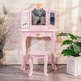 GARVEE Kinder Schminktisch Mädchen, 2-in-1 Frisiertisch aus Holz mit Dreifachspiegel und Hocker, Prinzessinnen Make-up Tisch für Rollenspiele, Lernen und Kinderzimmer, Rosa