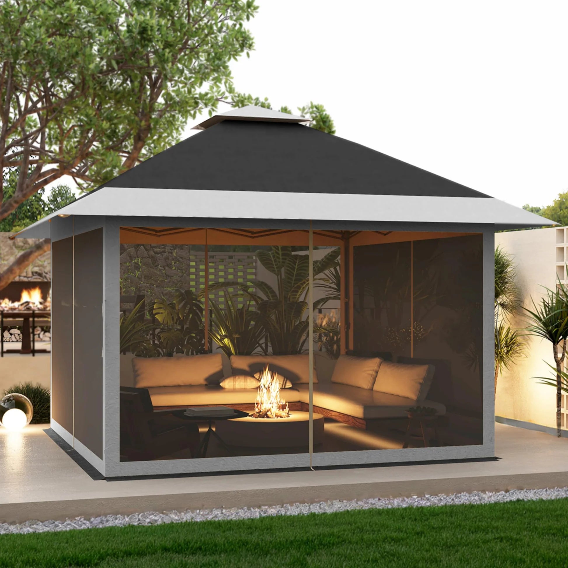 GARVEE Pop-Up Pavillon 3,65 x 3,65 m mit Moskitonetz, UV-Schutz, 3-fach Höhenverstellbar, Stahlrahmen, 6 Seitenwände & Sandtaschen, Für Garten & Camping, Grau