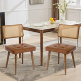 Garvee Mid-Century Rattan Esszimmerstuhl Set 2, Handgewebte Rückenlehne, Gepolstert, Holzrahmen, PU-Leder - Braun
