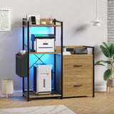 Garvee Rollcontainer 125 cm mit Druckerhalter, Ladestation, LED-Leuchten und 2 Schubladen für das Büro, Metallstruktur in Schwarz und Naturholz - 