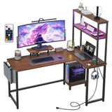 Garvee Eckschreibtisch 124 × 100 × 148 cm, Gaming-Schreibtisch mit LED-Beleuchtung, USB-Anschlüssen, Stauraum, Schublade und Monitorständer, für Homeoffice, Braun - Braun