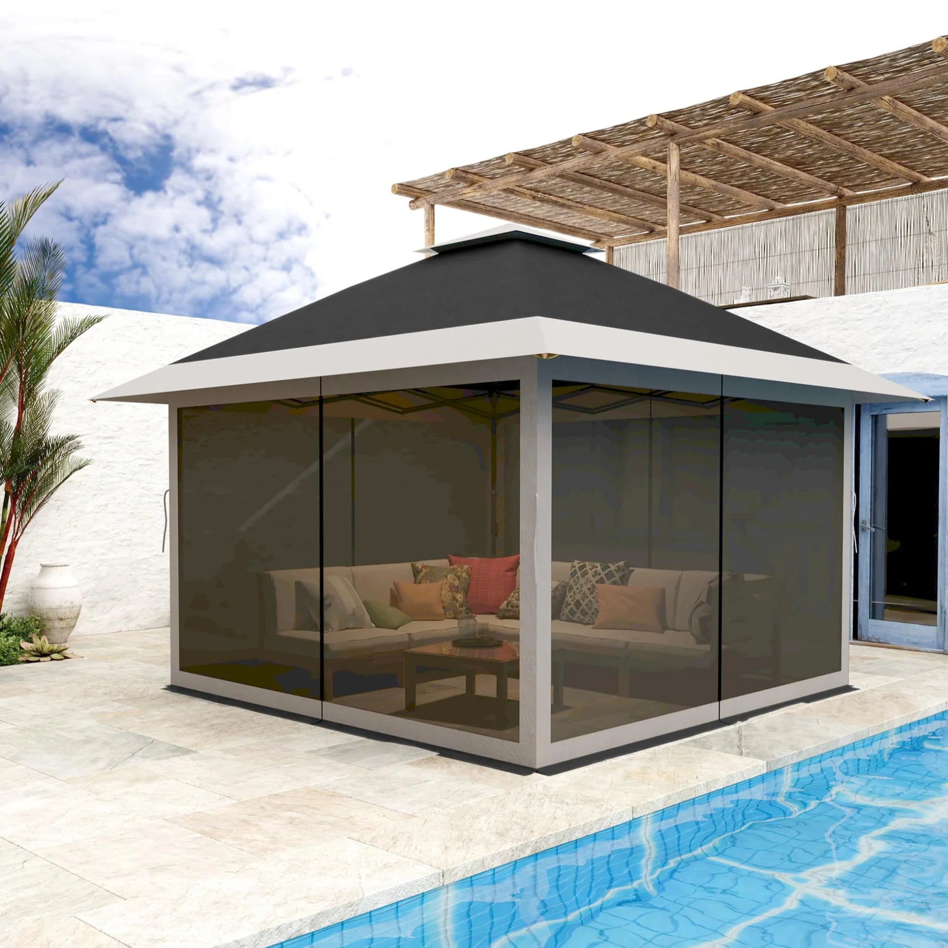GARVEE Pop-Up Pavillon 3,65 x 3,65 m mit Moskitonetz, UV-Schutz, 3-fach Höhenverstellbar, Stahlrahmen, 6 Seitenwände & Sandtaschen, Für Garten & Camping, Grau