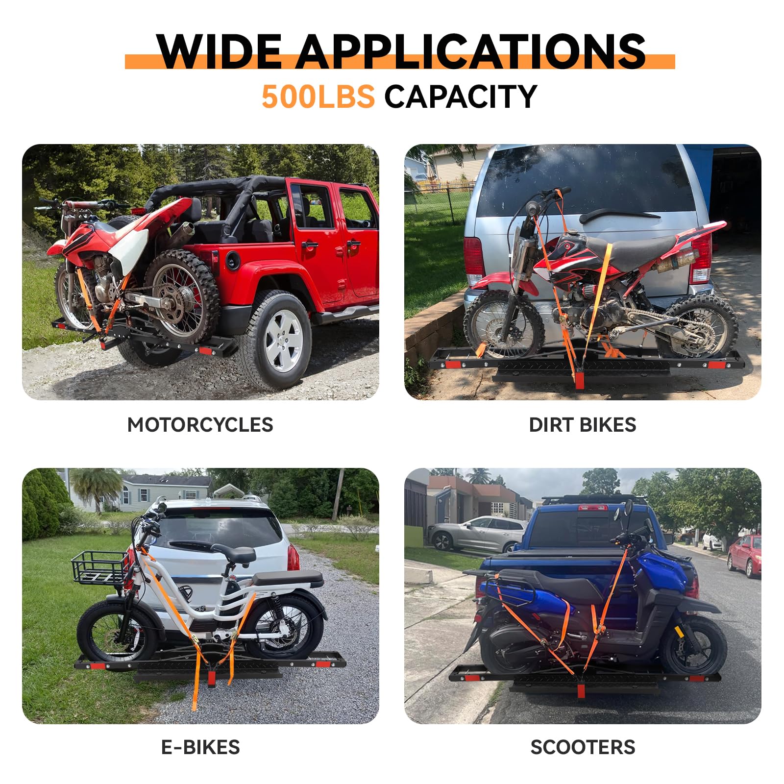 GARVEE Motorradträger mit Auffahrrampe, 227 kg Tragkraft, Schwerlast Stahl Heckträger für 5 cm Anhängerkupplung, Für Motorrad, Dirt Bike und Fahrrad