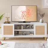 Garvee Rattan TV Stand 66 Inch Weiß Modern Mit Stauraum, Rattan Türen, Gold Beine Für Wohnzimmer Und Schlafzimmer