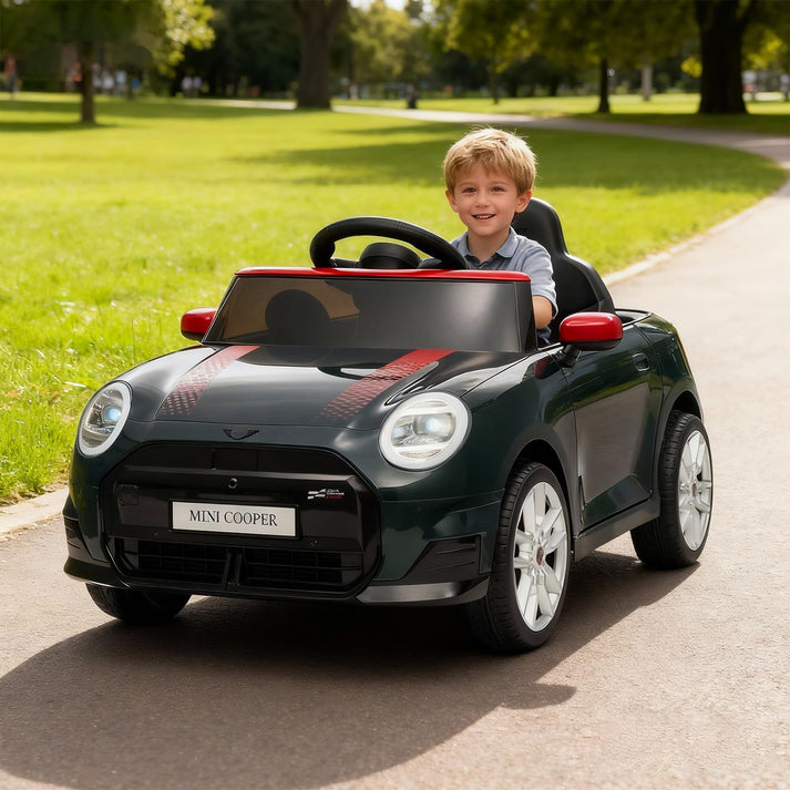 Offiziell lizenziertes MINI COOPER Kinder-Elektroauto in Grün mit Sicherheitsgurt und Doppelfahrmodus