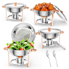 Garvee Chafing Dish Buffet Set, 5L Warmhaltebehälter Essen 4er Pack, Edelstahl Speisewärmer mit Deckel, Löffel & Pinzette, Rund Catering-Wärmespender für Hochzeiten Buffet Jede Party Veranstaltung Catering