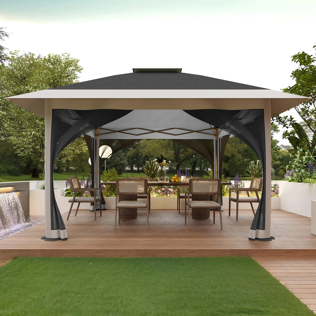 GARVEE Pop-Up Pavillon 3,65 x 3,65 m mit Moskitonetz, UV-Schutz, 3-fach Höhenverstellbar, Stahlrahmen, 6 Seitenwände & Sandtaschen, Für Garten & Camping, Grau