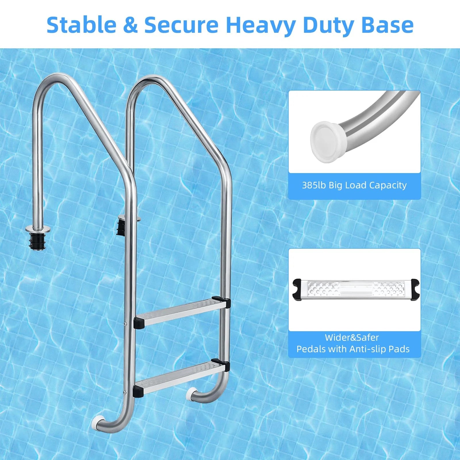 Garvee 2-Stufen-Poolleiter aus 304-Edelstahl, Schwimmbadleiter für eingelassene Pools, rutschfeste Stufen, stabiler Handlauf, robuste Edelstahlleiter für Schwimmbecken