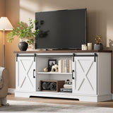 Garvee Farmhouse TV Stand Für 65 Zoll TVs Mit Schiebetüren Und Verstellbarem Regal, Holz, Modernes Medienmöbel, Weiß & Braun, Wohnzimmer & Schlafzimmer