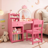 GARVEE Kinder Schminktisch mit Spiegelbeleuchtung, 2-in-1 Prinzessin Vanity Set aus Holz, Mit Stauraum und Regal, Sicher für Mädchenzimmer, Rosa - Rosa