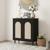 Garvee Leuchte mit 2 Türen, 1er-Set, integrierte Ladestation, Rattanfronten, 120,5 cm, für Wohnzimmer und Esszimmer, Schwarz - Schwarz