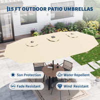Garvee 270×450 cm Rechteck-Sonnenschirm mit Solar-LED-Beleuchtung & Standfuß, UV-beständiger Gartenschirm mit Kurbelgriff, für Terrasse, Pool & Garten, Beige