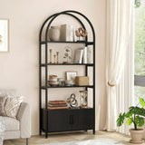 GARVEE Bücherregal mit Bogen, 4 Ebenen, 182 × 80 × 28 cm, MDF & Metall, verstellbare Ablagen, Schwarz – für Wohnzimmer & Schlafzimmer - Schwarz