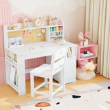 Garvee Kinder-Schreibtisch-Set 3–8 Jahre, ergonomischer Schreibtisch mit Stuhl, Stauraum und bis 70° neigbarer Tischplatte, Holz-Lerntisch für Kinderzimmer, Weiß - Weiß