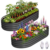 Garvee 2er Set Galvanisierte Hochbeete Oval 4x2x1 FT Rostfrei Mit Gummi-Kante & Handschuhen Für Garten & Gemüseanbau Grün