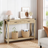 Garvee Farmhouse Konsolentisch Mit Rattanschubladen 43" Sofa-Tisch Holz Rustikal Für Flur Und Wohnzimmer - Wood Color