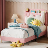 Garvee Twin Bettgestell Mit Bücherregal, Samt, Robuste Stahlbeine, Geräuschfrei, Rosa, Für Kinderzimmer - Rosa