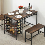 Garvee Esstisch-Set Für 4 Mit Weinregal Und Stauraum, Robust Metall & Holz, Platzsparend, Rechteckig, Ideal Für Kleine Räume - Braun